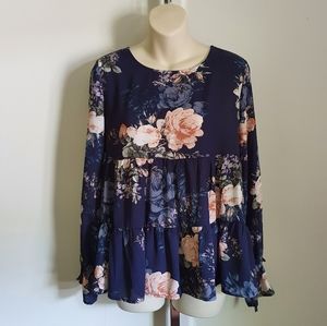 Navy pink rose blouse